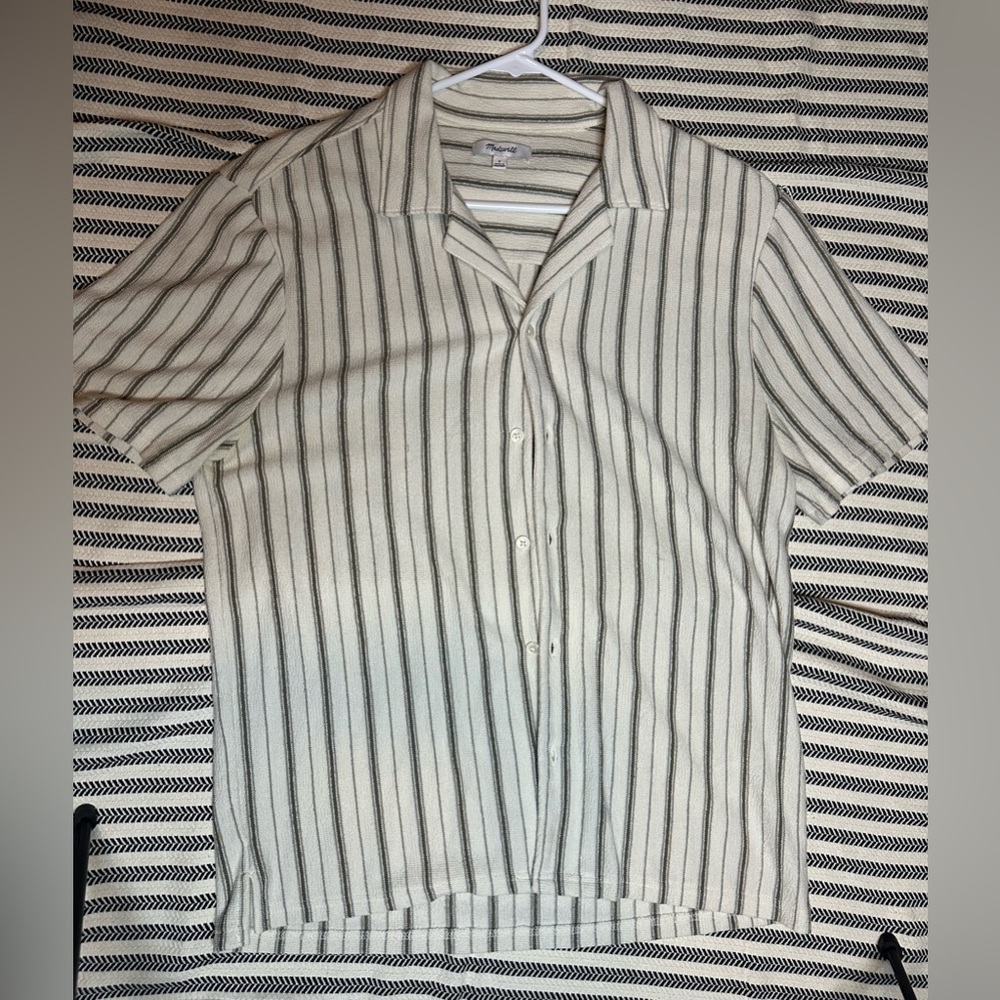 Madewell Cream and Black Striped Short Sleeve Button-Down Shirt